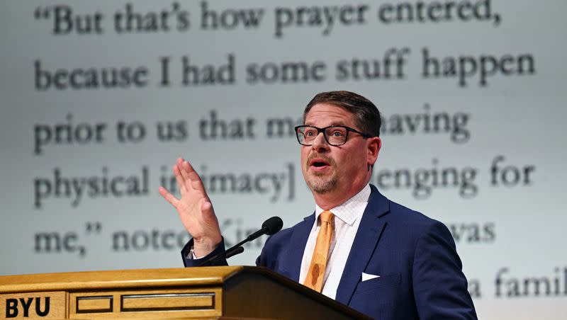 Brad Wilcox, a professor of sociology and the director of the National Marriage Project at the University of Virginia, a senior fellow at the Institute for Family Studies and a nonresident senior fellow at the American Enterprise Institute, speaks at a BYU Forum in Provo on Tuesday, Nov. 28, 2023.