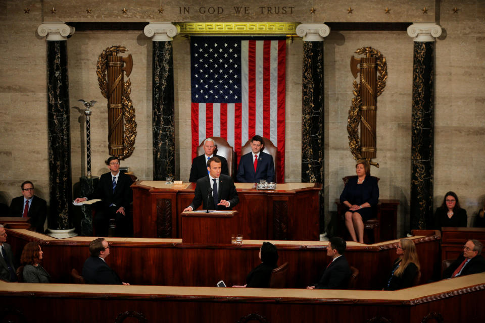 French President Emmanuel Macron addresses a joint meeting of Congress in the House chamber of the U.S. Capitol in Washington, U.S., April 25, 2018. REUTERS/Brian Snyder