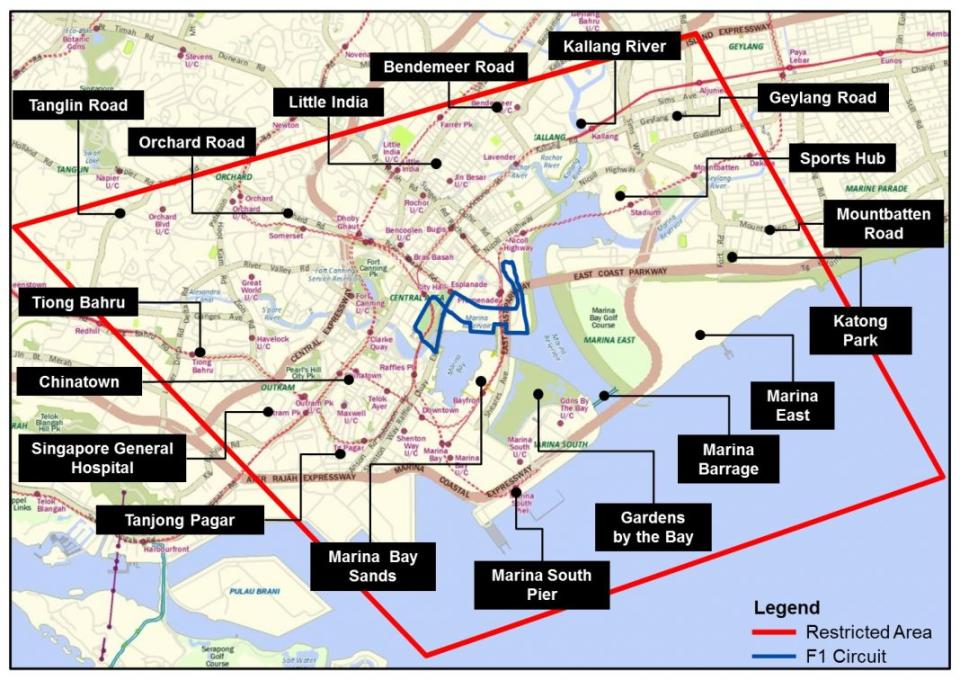 The temporary restricted area that will be imposed by the Civil Aviation Authority of Singapore (CAAS) over some parts of Singapore during this year’s Formula 1 Singapore Grand Prix. (Photo: CAAS)