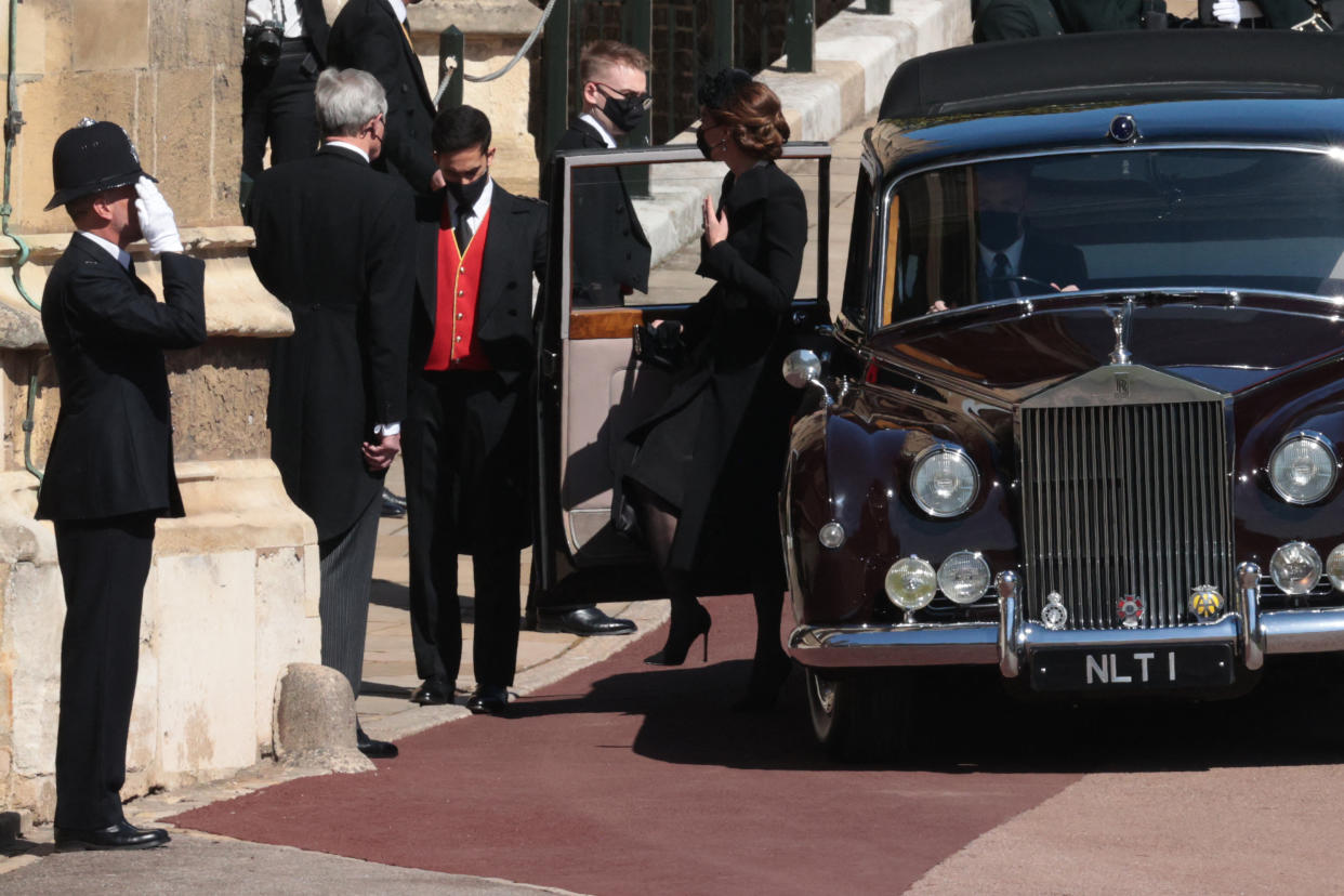 Britain's Catherine, Duchess of Cambridge arrives for the funeral service of Britain's Prince Philip, Duke of Edinburgh inside St George's Chapel in Windsor Castle in Windsor, west of London, on April 17, 2021. - Philip, who was married to Queen Elizabeth II for 73 years, died on April 9 aged 99 just weeks after a month-long stay in hospital for treatment to a heart condition and an infection. (Photo by HANNAH MCKAY / POOL / AFP) (Photo by HANNAH MCKAY/POOL/AFP via Getty Images)