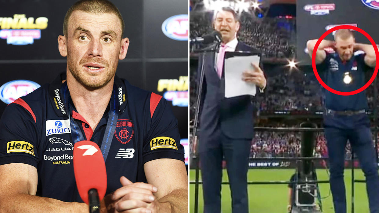 Simon Goodwin, pictured here during the post-match presentation after the AFL grand final. 