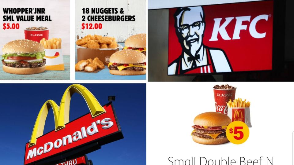 In clockwise order from top left, Hungry Jack's deals, a KFC sign, a McDonald's deal and a McDonald's sign. 