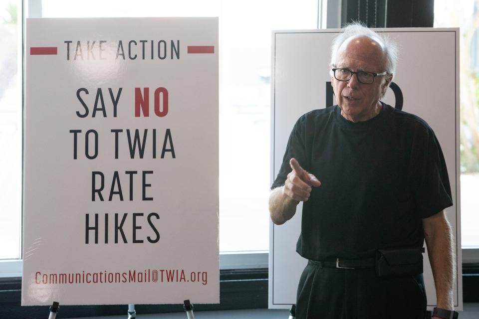 State Rep. Todd Hunter speaks during a protests against a proposed TWIA rate increase on Monday, July 29, 2019.