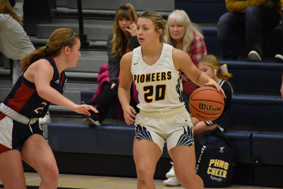 Mooresville's Kaitlyn Strietelmeier dribbles the ball as she analyzes the Terre Haute North defense during their game on Nov. 30, 2021.