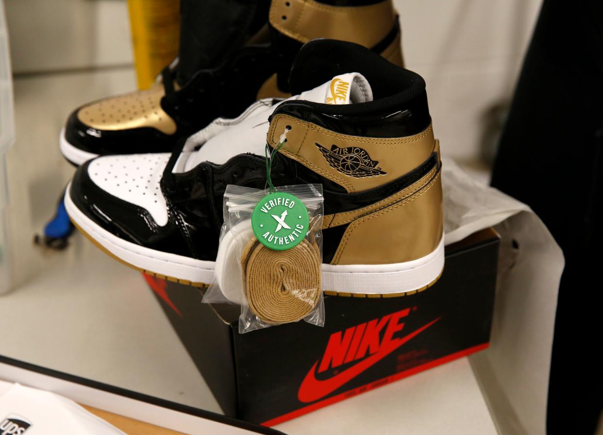 A pair of Nike Air Jordan 1 Retro shoes are seen before being packed to ship out of Stock X on January 10, 2018, in Detroit, Michigan. (JEFF KOWALSKY/AFP/Getty Images)