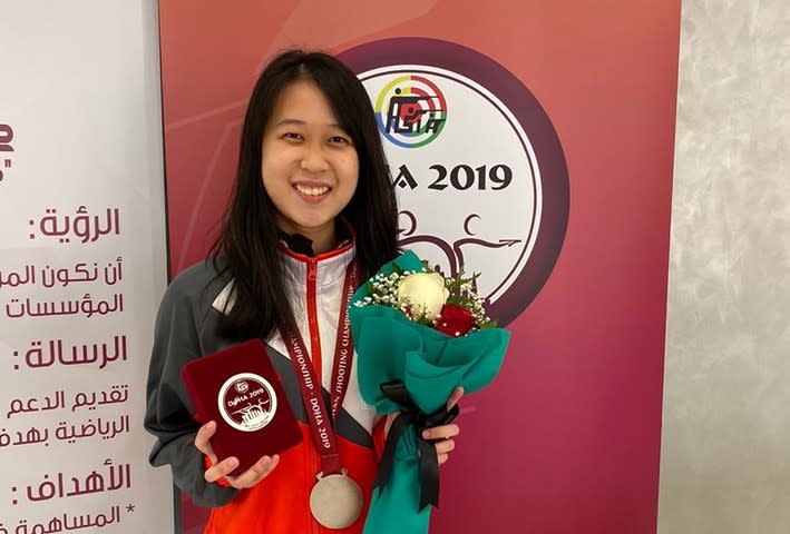 Singapore national shooter Tessa Neo with her silver medal in the women's 10m air rifle competition at the Asian Shooting Championships in Doha. (PHOTO: Singapore Shooting Association)