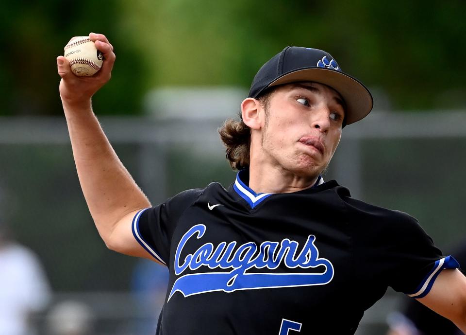 Goodpasture Christian pitcher Logan Harrell (5) throws to a Northpoint Christian batter during the first inning of an TSSAA Division II A state boys baseball tournament championship game Friday, May 27, 2022, in Murfreesboro, Tenn.  