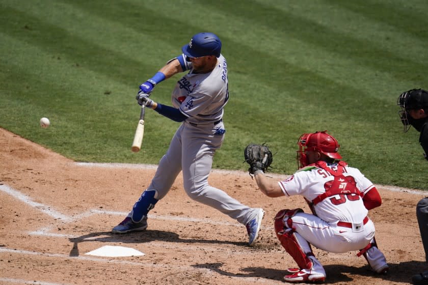 Los Angeles Dodgers' Matt Beaty hits against the Angels.