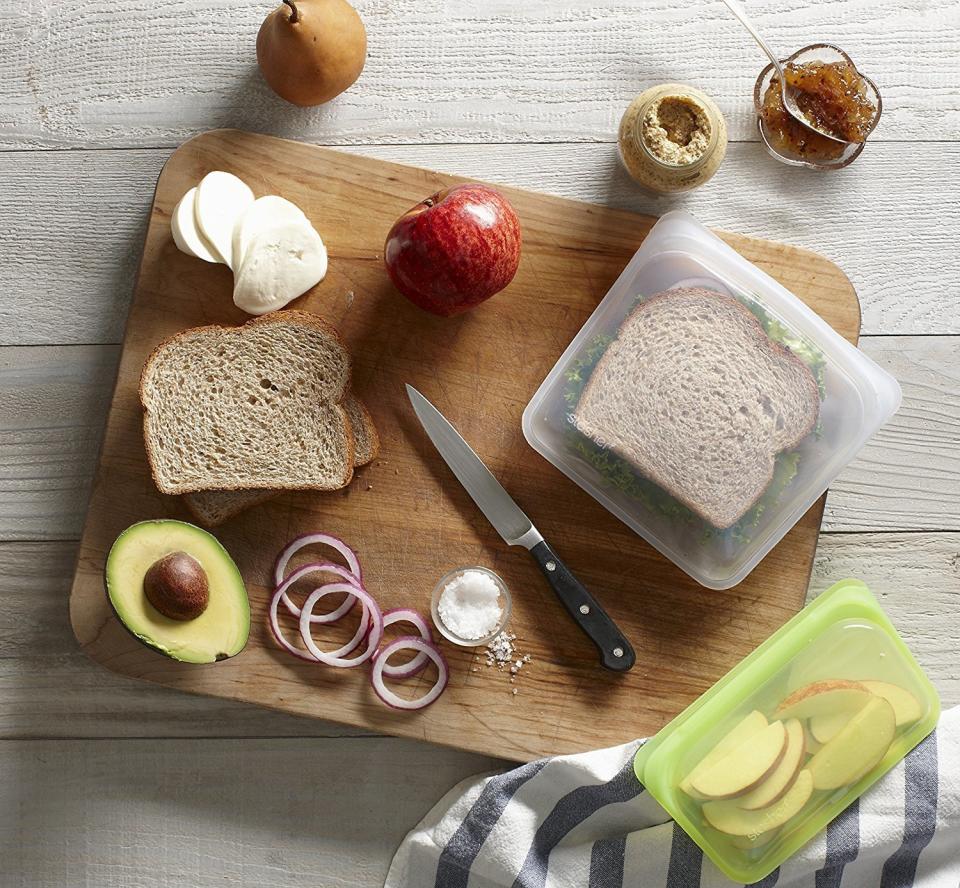 Reusable food storage bags save you money and contribute to less plastic consumption. Get these Stasher bags at <a href="https://www.amazon.com/dp/B01DZQT9CU/ref=asc_df_B01DZQT9CU5356278/?amp=&amp;creative=394997&amp;creativeASIN=B01DZQT9CU&amp;hvadid=167135973835&amp;hvdev=c&amp;hvdvcmdl=&amp;hvlocint=&amp;hvlocphy=9073489&amp;hvnetw=g&amp;hvpone=&amp;hvpos=1o5&amp;hvptwo=&amp;hvqmt=&amp;hvrand=2596575224989517693&amp;hvtargid=pla-350487986637&amp;linkCode=df0&amp;tag=thehuffingtop-20&amp;th=1" target="_blank">Amazon</a>.