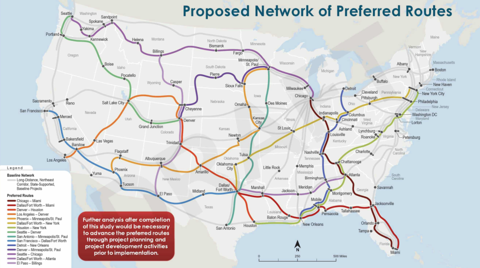 The Federal Railroad Administration's proposed network of preferred routes, which passes through Des Moines.