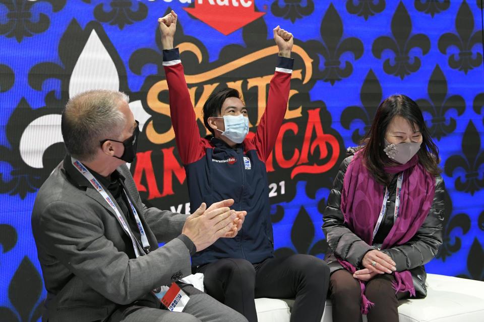 Vincent Zhou reacts after receiving his final scores in the mens free skate at the Skate American figure skaint event Saturday, Oct. 23, 2021, in Las Vegas. (AP Photo/David Becker)