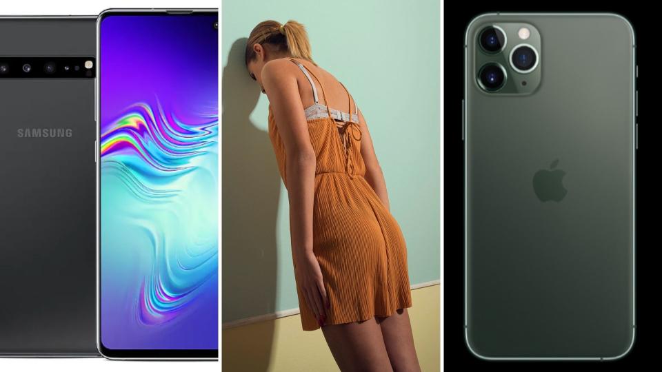 A Samsung Galaxy S10 on the left, a woman banging her head on a wall in the centre, and a iPhone 11 Pro on the right.