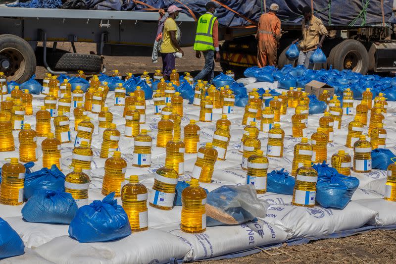 Food aid is seen at a World Food Programme (WFP) site for people displaced in Cabo Delgado province, in Pemba, Mozambique