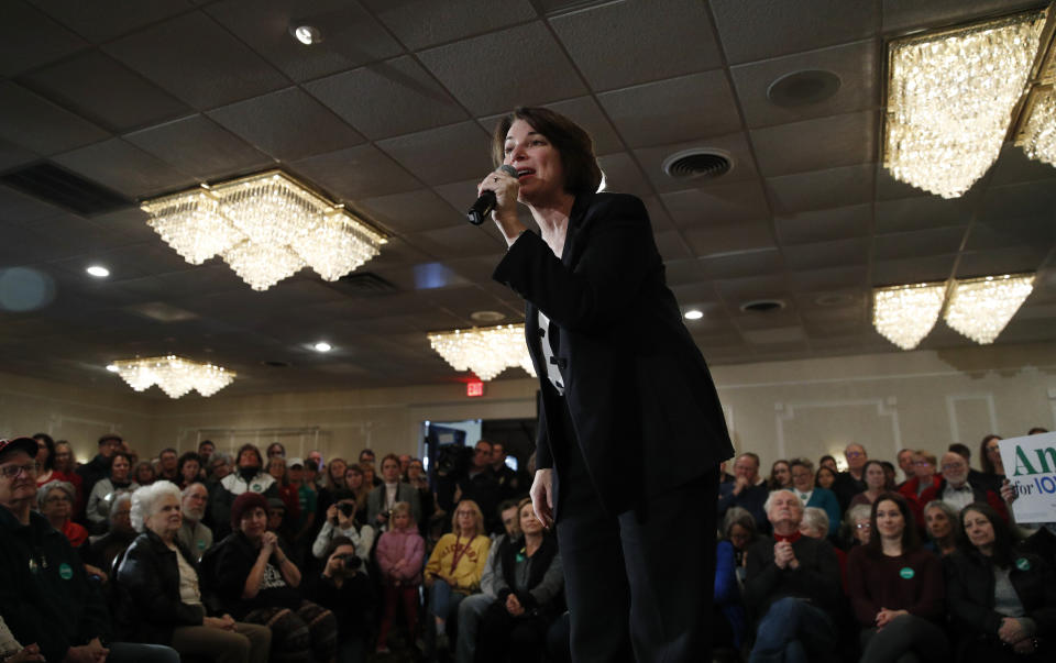 Democratic presidential candidate Sen. Amy Klobuchar, D-Minn., speaks at a campaign event Sunday, Feb. 2, 2020, in Cedar Rapids, Iowa. (AP Photo/John Locher)