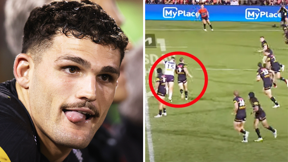 Nathan Cleary has been ruled out at least four weeks with a hamstring injury as the Panthers are also accused of a dodgy tactic (pictured right) following their game against the Broncos. (Images: Getty Images/Fox Sports)