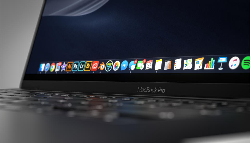 Apple Macbook Pro 16 inch with touchbar. Focus on MacBook Pro logo