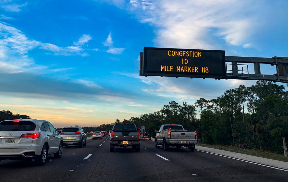 A sign warns of congestion on I-75 northbound in Collier County on Thursday, Jan. 4, 2024.