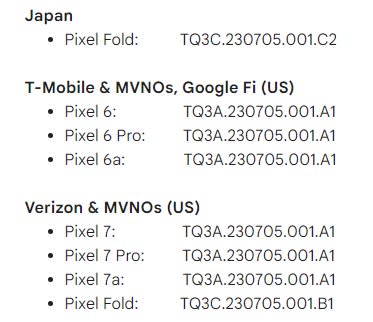 A list of July 2023 security patch version numbers for Japan and U.S. carriers.