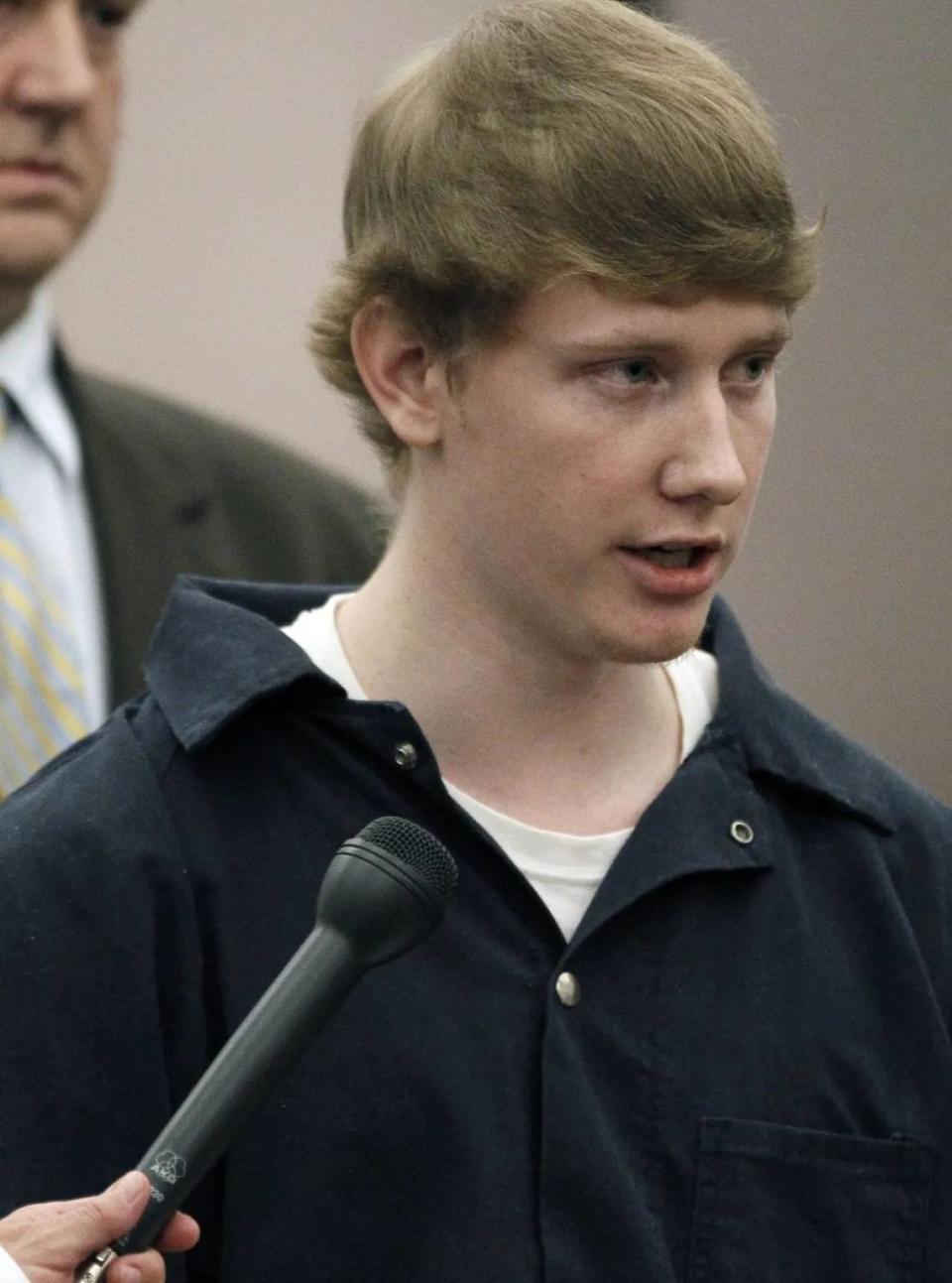 In this March 21, 2012 file photo, Deryl Dedmon, 19, charged with capital murder in the June 2011 death of 47-year-old James Craig Anderson, a Black man, in Jackson, reads a letter to Anderson’s family after pleading guilty to murder and committing a hate crime, in Hinds County Circuit Court, in Jackson.