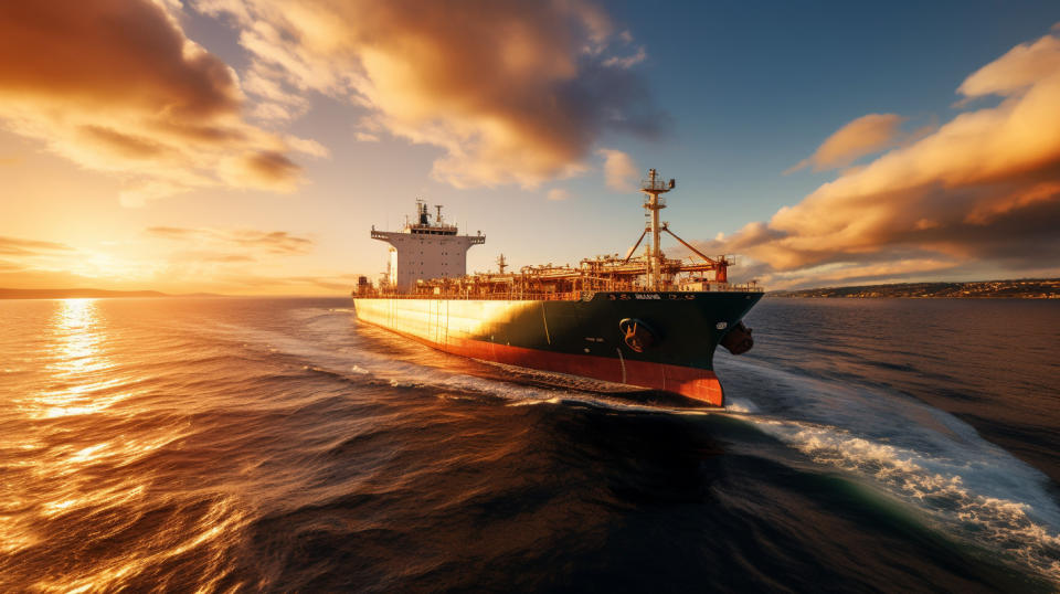 A large tanker vessel navigating through the open sea, its destination a distant port.