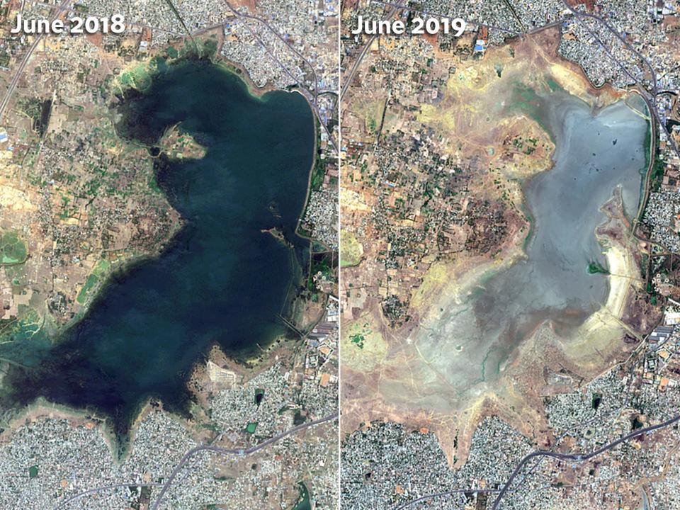 One of India’s largest cities, home to nearly five million people, is running out of water as the main reserve is drying up. Satellite surveys from June 2019 show Chennai’s main rain-fed reservoir Lake Puzhal is a fraction of what it was this time last year. All four of the city’s primary reserves are almost dry, meaning that four million people are dependent on non-potable water collected from makeshift wells. The Chennai Metro Water has cut the water it provides by 40 per cent. Shortages started several weeks ago and the government has been heavily criticised for relying on the arrival of the monsoon instead of taking action. The rains are unreliable and have been late for several years in a row. The delayed monsoon has left millions of people without water as devastating heatwaves sweep across the country, killing hundreds. Poor urban development in Chennai also means water is not recycled and rainwater is not collected. Earlier this month in Churu in Rajasthan, the temperature hit 50C which is just shy of India’s all-time high recorded in 2016.The health ministry issued advice for staying safe in rising temperatures. They included avoiding the sun between noon and 3pm and refraining from drinking alcohol, tea and coffee.The heatwave is part of a trend of rising temperatures in India.Last year was the sixth-warmest since national record-keeping began in 1901 and 11 of the 15 warmest years on record have all occurred since 2004. The frequency of heatwaves is also increasing, a government minister told India’s parliament earlier this year.