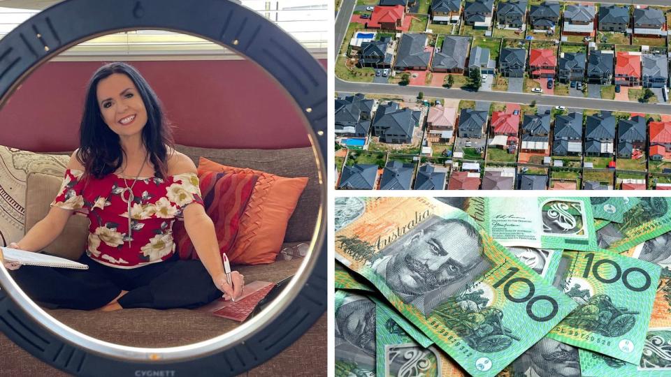 Compilation image of Nicole, a row of houses and a pile of money to represent mortgage war