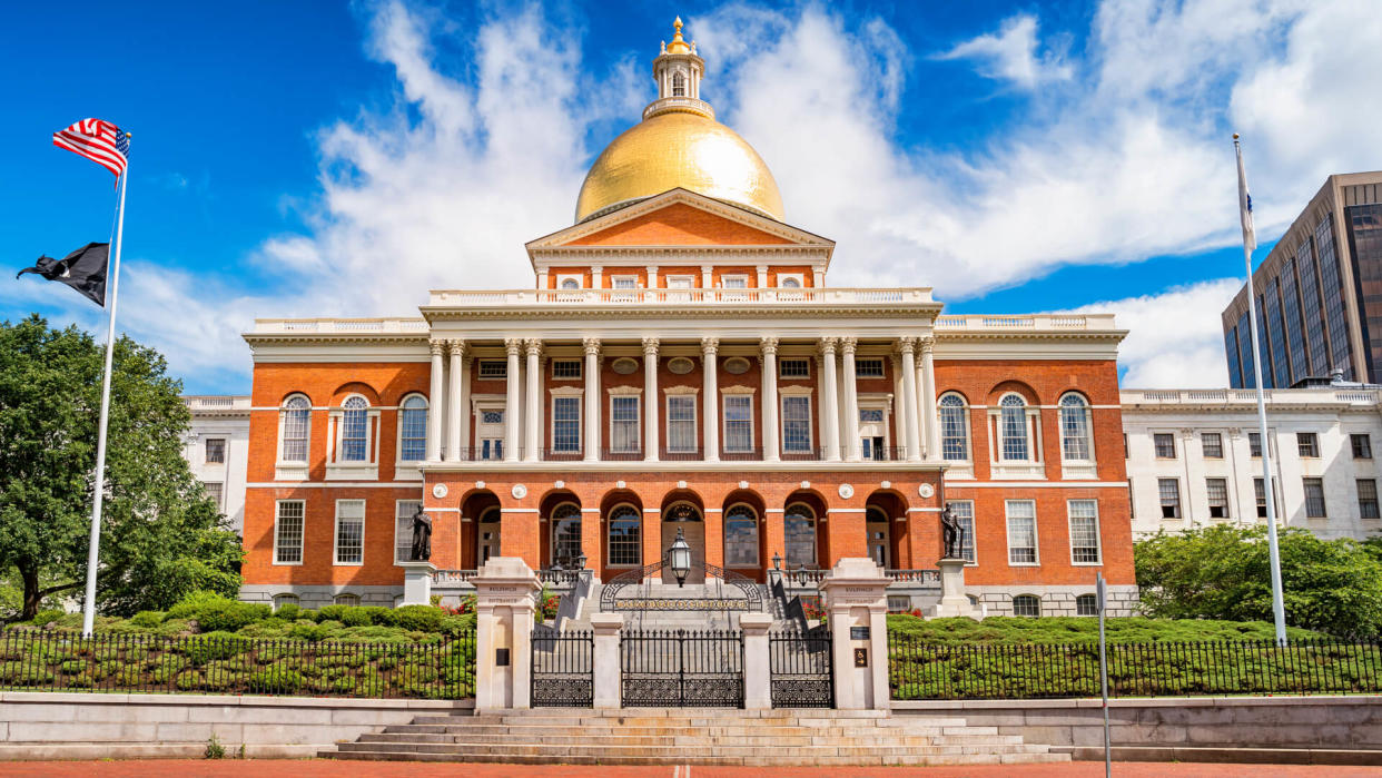 Stock photograph of the landmark Massachusetts State House, the state capitol of Massachusetts, USA, located in downtown Boston.