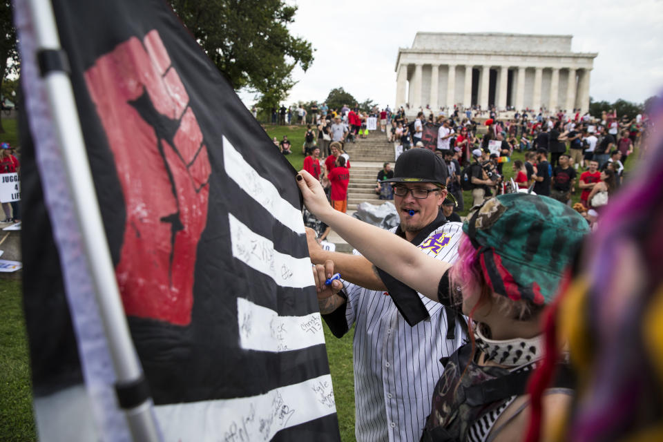 <p>=People gather for a rally before the start of the Juggalo March, at the Lincoln Memorial on the National Mall, Sept. 16, 2017 in Washington. (Photo: Al Drago/Getty Images) </p>