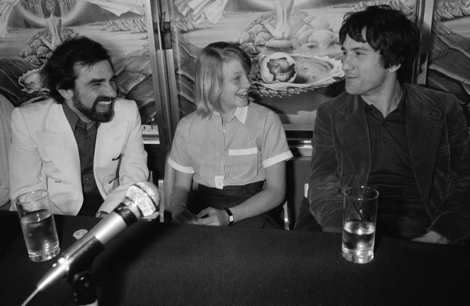 Martin Scorsese, Jodie Foster, and Robert de Niro during a press conference at the 29th Cannes Film Festival in 1976.