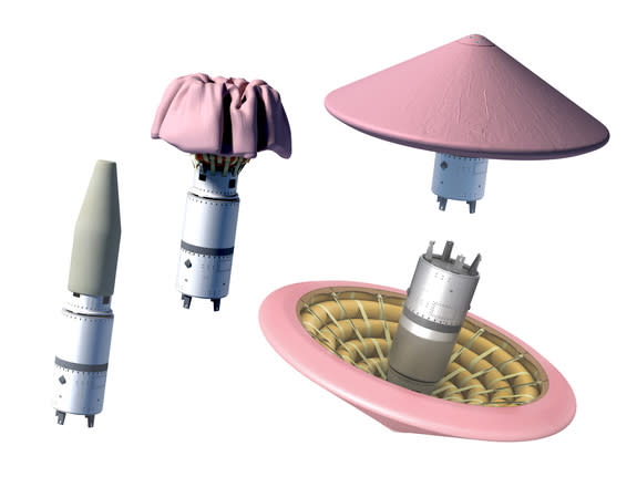 These NASA images depict the Inflatable Re-entry Vehicle Experiment (IRVE-3) packed into a nose cone, unfurls in space, then plummets at hypersonic speeds through Earth’s atmosphere to demonstrate the feasibility of inflatable spacecraft techno