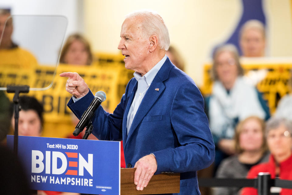 Former Vice President Joe Biden speaks during a campaign event on February 10, 2020 in Manchester, New Hampshire. (Scott Eisen/Getty Images)