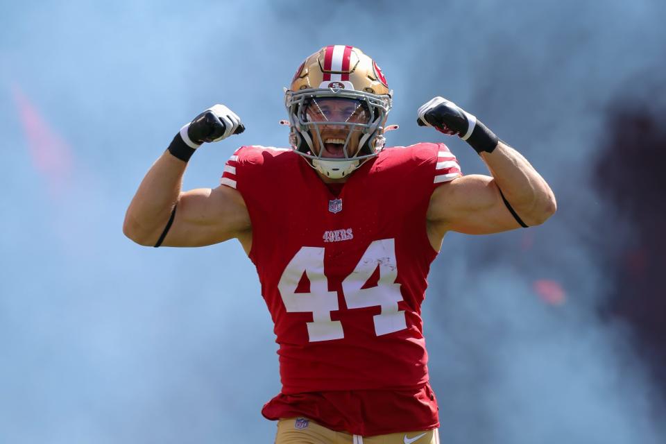 San Francisco 49ers fullback Kyle Juszczyk (44) runs onto the field before an Oct. 1 game against the Arizona Cardinals in Santa Clara, Calif.