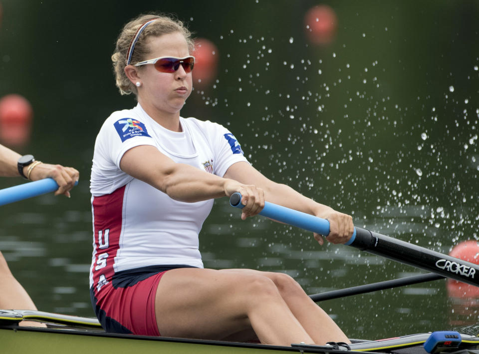 FILE - In this May 29, 2016, file photo, Grace Luczak, right, of the United States, compete at the Women's Pair Final race at the Rowing World Cup on Lake Rotsee in Lucerne, Switzerland. The playbook for athletes provides a guide to a "safe and successful Games" for the Tokyo Olympics. It's filled with "cannots" and "do nots," meaning a once-in-a-liftetime opportunity will be a whole lot less fun. (Urs Flueeler/Keystone via AP, File)