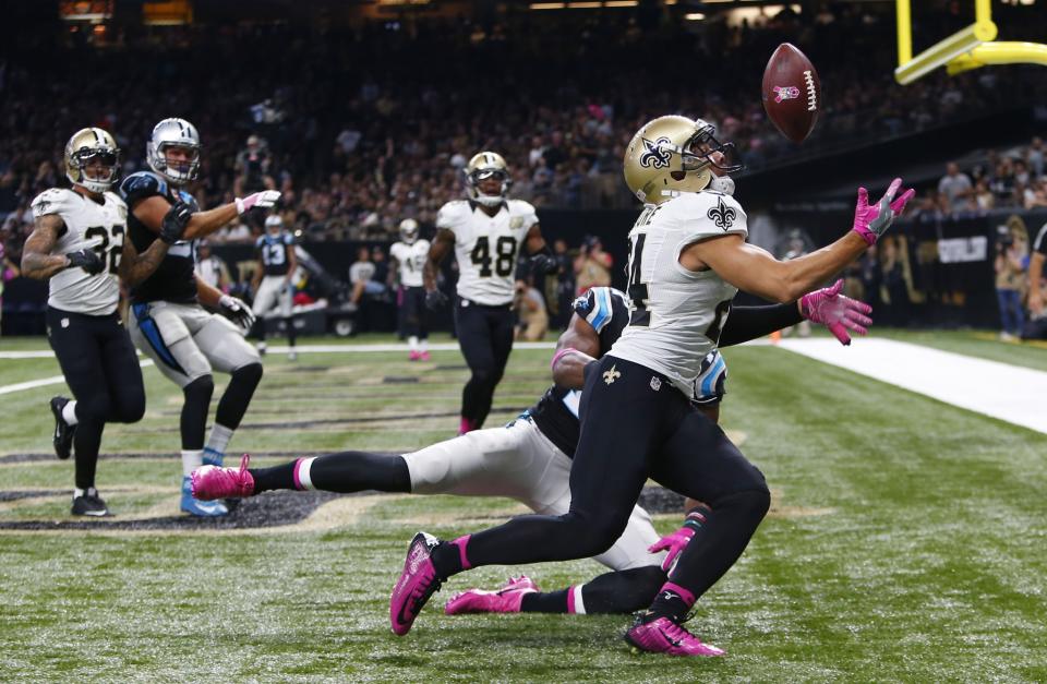 <p>New Orleans Saints cornerback Sterling Moore intercepts a pass in the end zone in the first half of an NFL football game against the Carolina Panthers in New Orleans, Sunday, Oct. 16, 2016. (AP Photo/Butch Dill) </p>