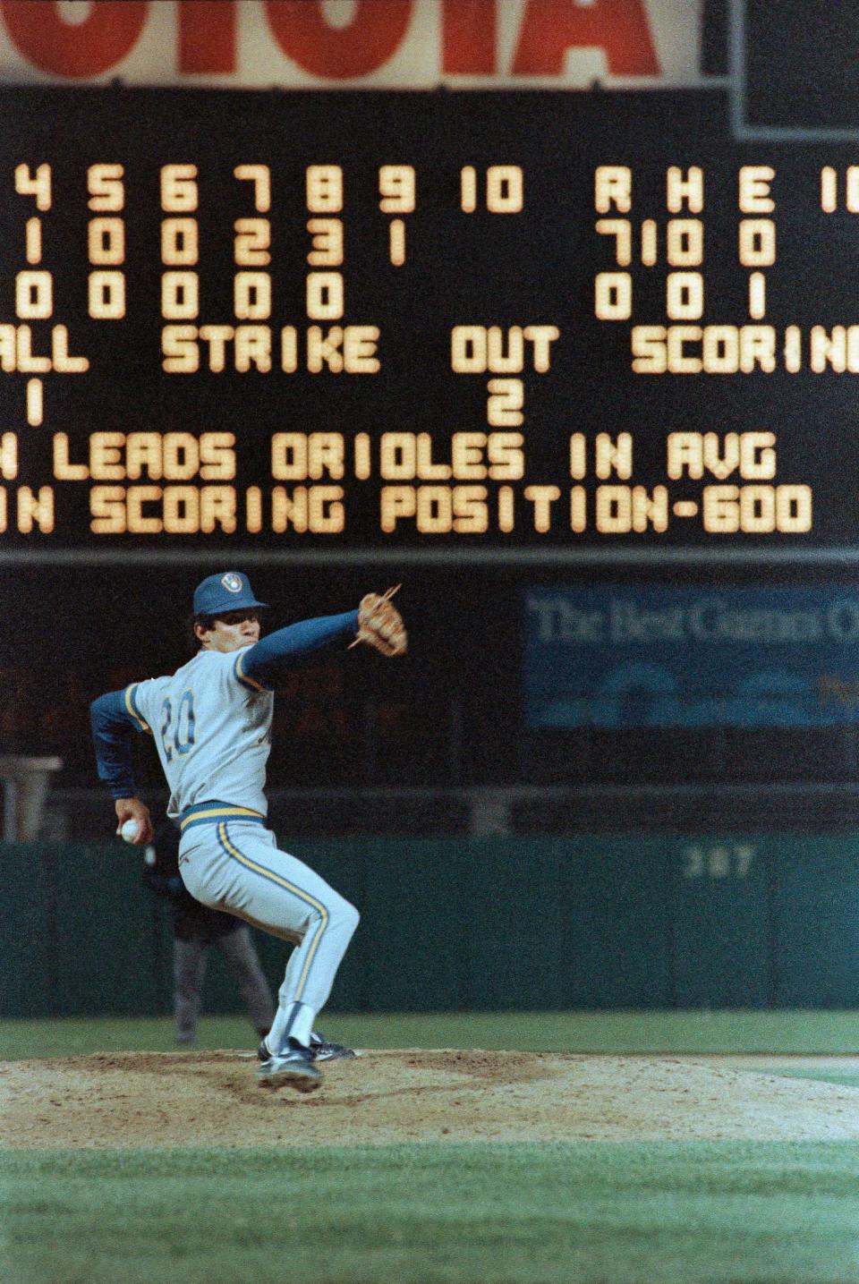 Milwaukee Brewers pitcher Juan Nieves pitches during a no-hitter against the Baltimore Orioles in Baltimore, April 15, 1987.