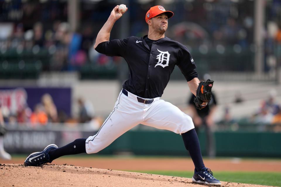 Detroit Tigers starting pitcher Jack Flaherty throws during the first inning of a spring training baseball game against the Pittsburgh Pirates Saturday, March 2, 2024, in Lakeland, Florida.