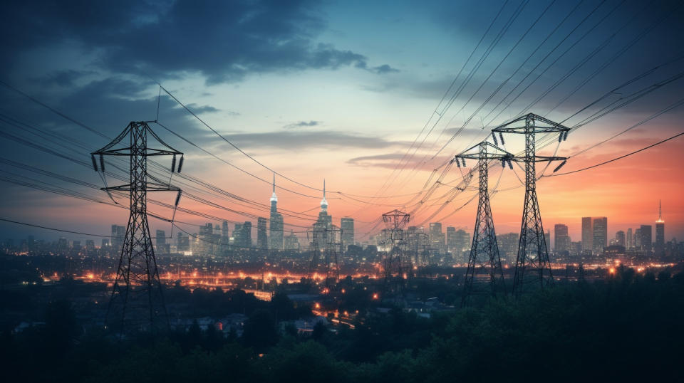A view of the skyline from an electricity pylon, to show the ubiquity of the companies energy products.