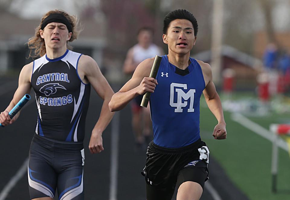 Collins-Maxwell's Ethan Haus anchors the Spartans to a win in the boys' distance medley relay at the Bomber Relays on Tuesday, April 18, 2023, in Huxley, Iowa.