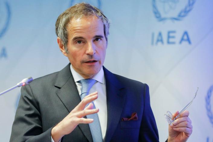 IAEA Director General Rafael Mariano Grossi speaks into a microphone