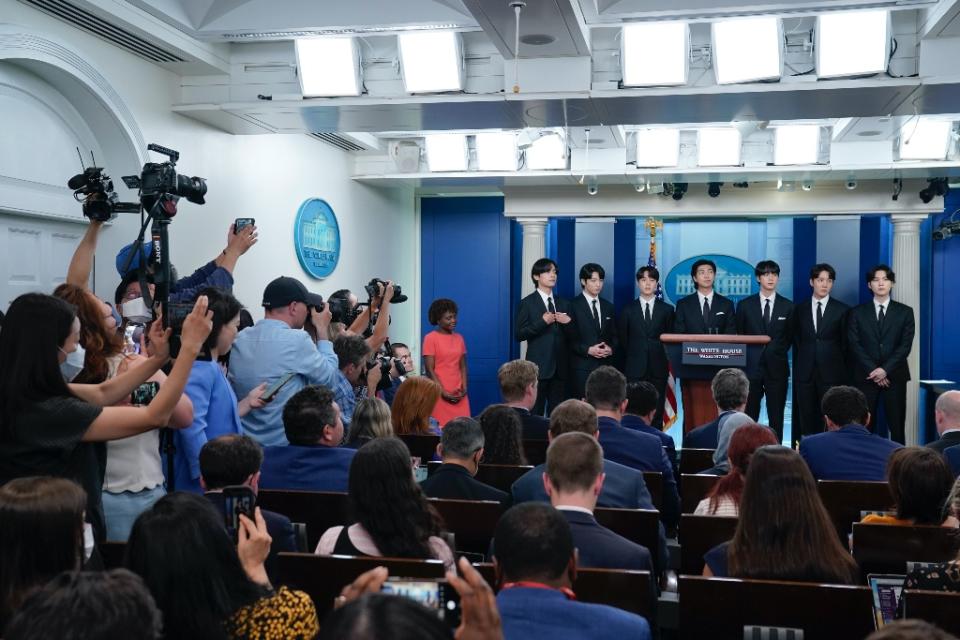 BTS join White House press secretary Karine Jean-Pierre during the White House’s daily briefing in Washington, D.C. on May 31, 2022. - Credit: AP Photo/Evan Vucci