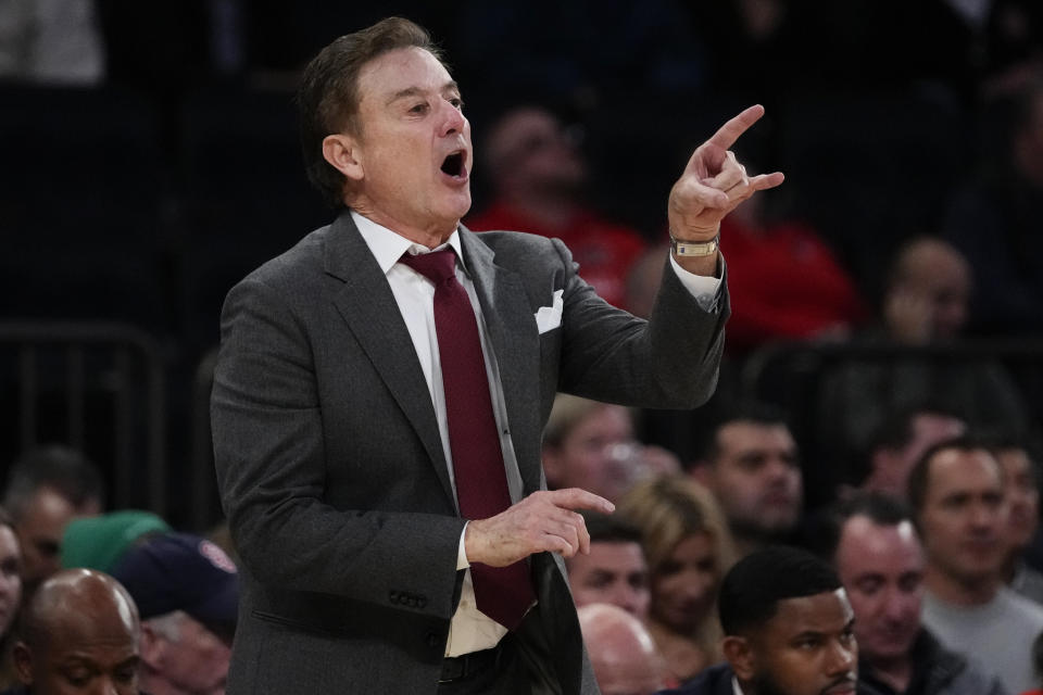 St. John's head coach Rick Pitino calls to his team during the second half of an NCAA college basketball game against Michigan, Monday, Nov. 13, 2023, in New York. (AP Photo/Frank Franklin II)