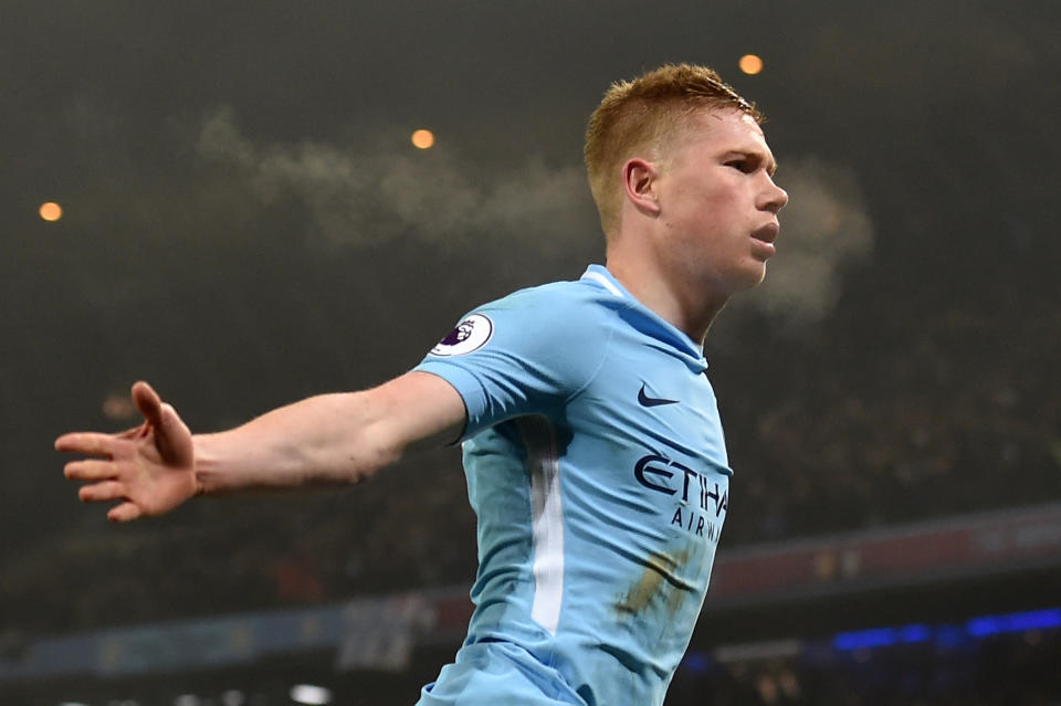 Kevin De Bruyne célèbre le deuxième but de City face à Tottenham (AFP).