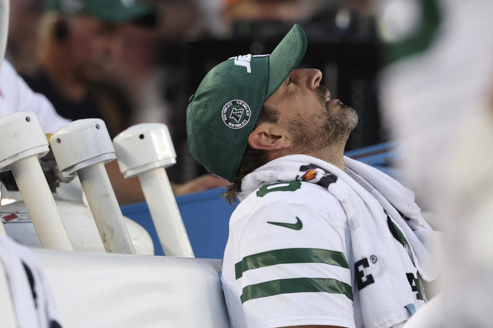 New York Jets quarterback Aaron Rodgers reacts on the bench during the second half of an NFL football game against the San Francisco 49ers in Santa Clara, Calif., Monday, Sept. 9, 2024. (AP Photo/Jed Jacobsohn)