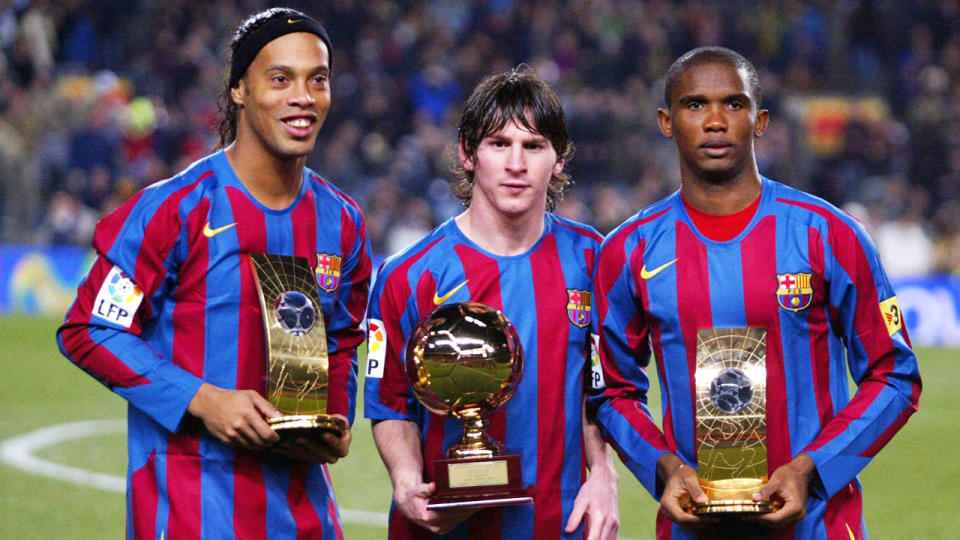 Eto'o is seen here alongside fellow Barcelona greats Ronaldinho and Lionel Messi.