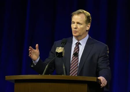 Feb 5, 2016; San Francisco, CA, USA; NFL commissioner Roger Goodell speaks during a press conference at Moscone Center in advance of Super Bowl 50 between the Carolina Panthers and the Denver Broncos. Matthew Emmons-USA TODAY Sports -