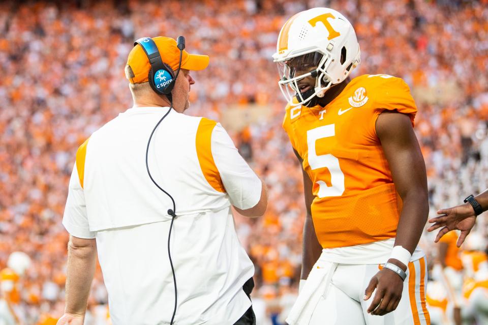 Tennessee Head Coach Josh Heupel with quarterback Hendon Hooker (5) during the VolsÕ game against Ball State in Neyland Stadium on Thursday, Sept. 1, 2022. 