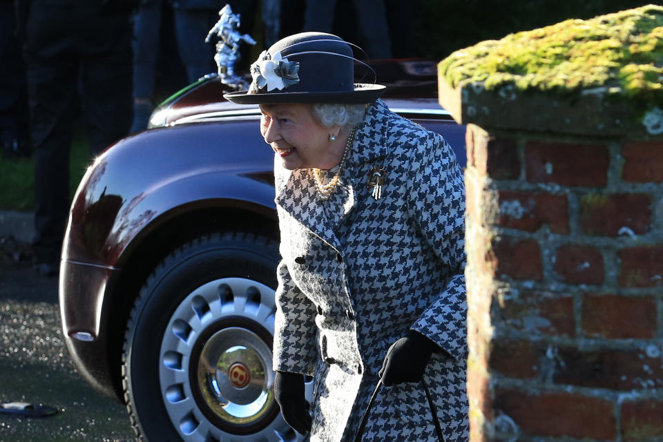 Britain's Queen Elizabeth II arrives at St Mary the Virgin Church in Hillington, Norfolk, eastern England, on January 19, 2020. - Britain's Prince Harry and his wife Meghan will give up their royal titles and public funding as part of a settlement with the Queen to start a new life away from the British monarchy. The historic announcement from Buckingham Palace on Saturday follows more than a week of intense private talks aimed at managing the fallout of the globetrotting couple's shock resignation from front-line royal duties. (Photo by Lindsey Parnaby / AFP) (Photo by LINDSEY PARNABY/AFP via Getty Images)