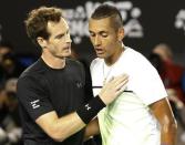 Andy Murray of Britain speaks with Nick Kyrgios (R) of Australia after defeating him in their men's singles quarter-final match at the Australian Open 2015 tennis tournament in Melbourne January 27, 2015. REUTERS/Athit Perawongmetha