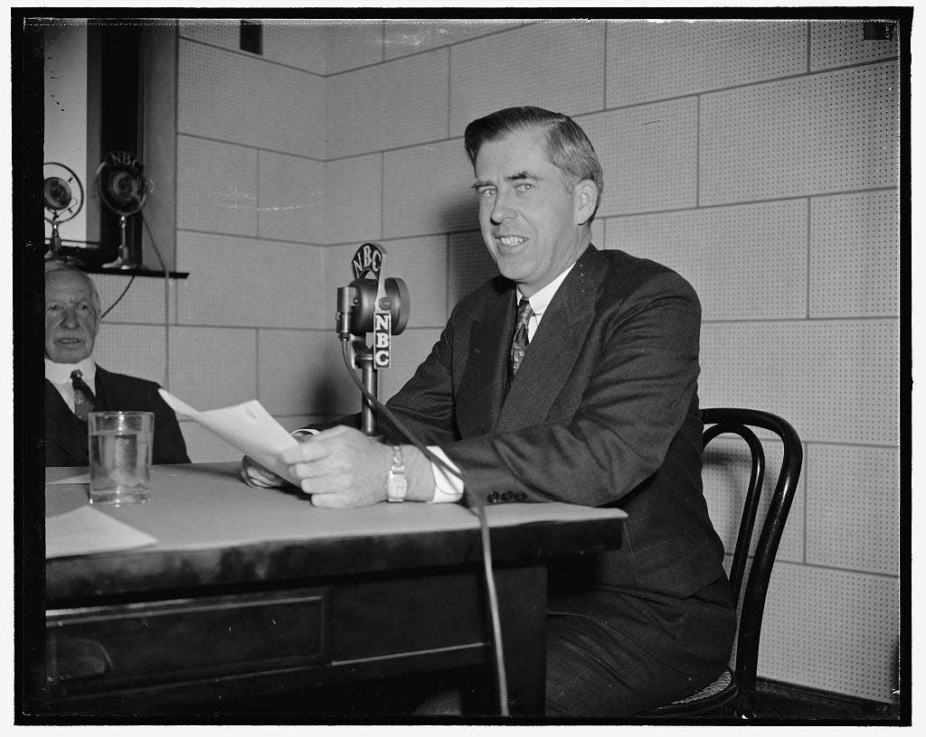 Henry A. Wallace, as secretary of agriculture in the Roosevelt administration, gives a radio address.