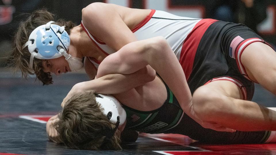 Haddonfield's Michael Lamb controls West Deptford's Ryan McConaghy during the 106 lb. bout of the South Jersey Group 2 championship meet held at Haddonfield Memorial High School on Wednesday, February 8, 2023. Lamb defeated McConaghy by pin.  